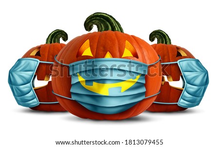 Halloween face masks as a jack o lantern pumpkin wearing a medical face mask as an autumn symbol for disease control and virus infection and coronavirus or covid-19 safety in a 3D illustration style. Foto stock © 