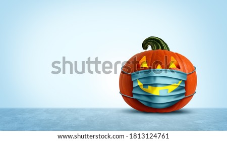 Halloween facial mask as a jack o lantern pumpkin wearing a medical face protection as a symbol for disease control and virus infection and coronavirus or covid-19 safety in a 3D illustration style. Foto stock © 