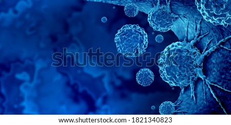 Cancer outbreak and treatment for malignant cancer cells in a human body caused by carcinogens and genetics with a cancerous cell as an immunotherapy symbol and medical therapy as a 3D render.