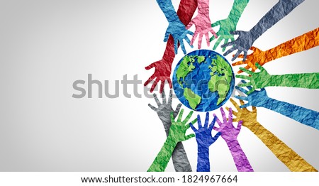 Global culture and world diversity or earth day as a concept of diverse people and crowd cooperation symbol as hands holding together the planet earth in a 3D illustration style.