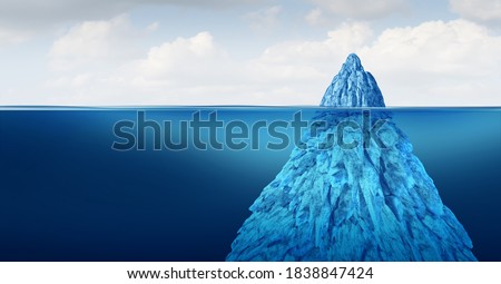 Iceberg floating in cold arctic ocean water with a small part of the frozen ice and other huge part of the freezing snow as a hidden danger  under the water as a cold winter obstacle 3D render.