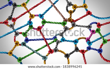 Connection network concept and connected diversity as circle shaped group of ropes creating a connected networking horizontal composition as a connect concept for business or social media.