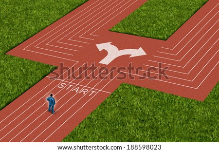 Businessman crossroads concept choosing the right path as a man on a track and field sport stadium facing a difficult choice and dilemma with two business directions as decision crisis metaphor.