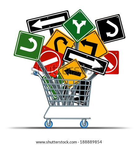 Shopping direction business acquisition concept and consumer guide to sales as a shop cart with a group of confusing traffic signs as a metaphor for marketing strategy and retail industry guidance.