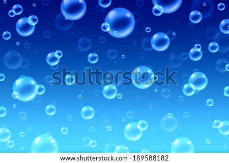 Bubbles water concept background with effervescent transparent liquid or bath soap suds with a group of spheres in a deep cool color as clean blue symbols of washing and clear sparkling freshness.