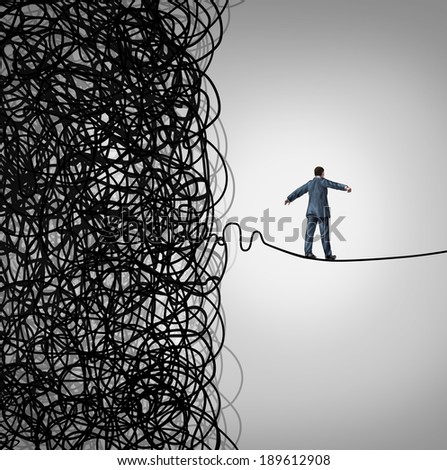 Crisis Management business concept as a tightrope walker walking out of a confused tangled chaos of wires breaking free to a clear path of risk opportunity as a metaphor for managing organizations.