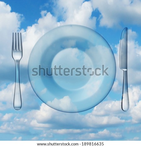 Eating light cooking concept as a place setting with a dinner plate fork and knife on a sky background as a cuisine metaphor for heavenly food and healthy low calorie diet recipes.