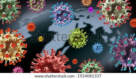 Global Virus variant and mutating cells concept or new coronavirus b.1.1.7 variants outbreak and covid-19 viral cell mutation as an influenza background with dangerous flu strain as a 3D render.