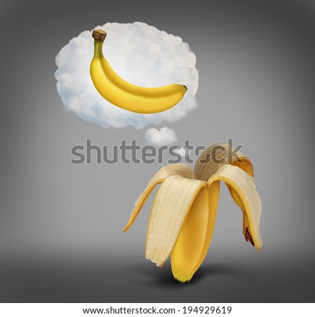Better days concept as an empty banana skin dreaming of a good future or past success as a full single fruit as a metaphor for optimism and positive outlook on business.