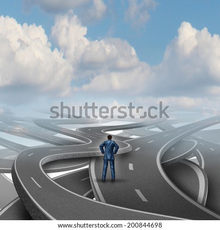 Confusion manager road challenge and business crisis concept as a confused businessman facing a difficult challenge with a group of streets and highways in direction chaos as a financial metaphor.