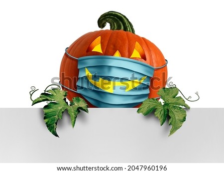 Halloween safety horizontal sign as a jack o lantern pumpkin wearing a medical face mask for disease control and virus infection and coronavirus or covid-19 safety with 3D illustration elements. Foto stock © 