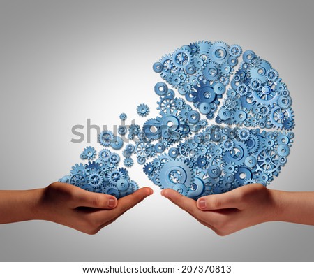 Funding and development concept as a human hand giving or taking investment from a business pie chart made of gears and cogs as a financial backing symbol of investing support or charity donation.