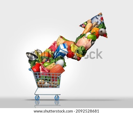 Increasing Inflation and rising grocery prices or surging cost of supermarket groceries as the rise of food costs coming out of a shopping cart shaped as an arrow with 3D render elements.