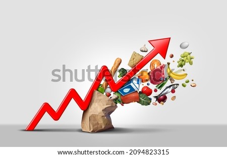 Rising food cost and grocery prices surging costs of supermarket groceries as an inflation financial crisis concept hit by as a finance graph arrow with 3D render elements.