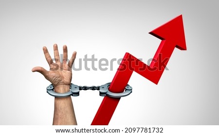 Inflation and feeling trapped by rising prices or insider trading as a financial crisis concept and the rise of taxes and debt with an arrow handcuffed to a consumer with 3D render elements. Foto stock © 