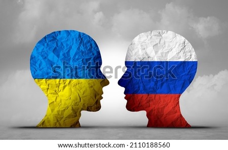 Russia and Ukraine tensions as a geopolitical conflict clash between the Ukrainian and Russian nation as a European security concept and finding a diplomatic agreement in a 3D illustration style. Foto d'archivio © 