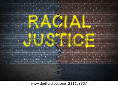 Racial justice and fighting discrimination concept and race relations social issue symbol as graffiti writing on a two toned brick wall as an icon of working together for civil rights.