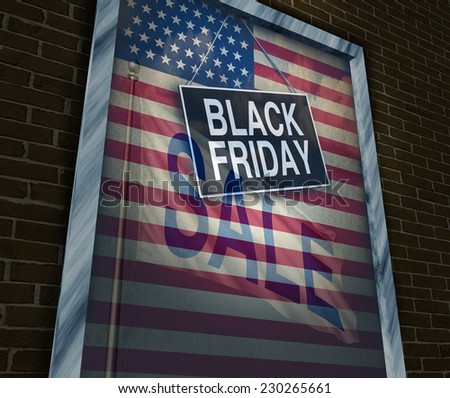 Black Friday holiday sale sign on a store door window with an American flag reflection to celebrate the season to shop for low prices at retail stores offering special buying opportunities.