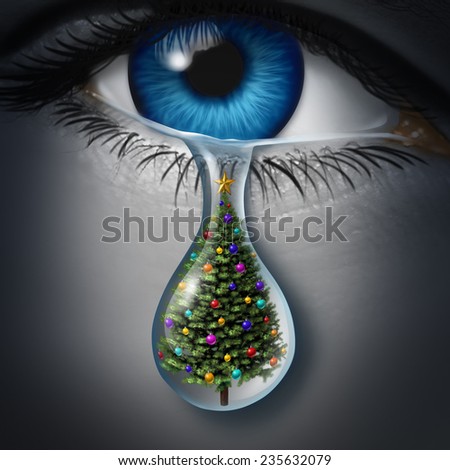 Holiday depression and winter season anxiety and emotional crisis concept as a human eyeball crying a tear with a christmas tree inside as a metaphor for seasonal sadness.