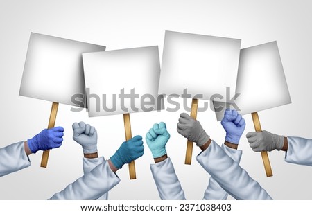Health Care Workers Strike as medical staff picketing and a Hospital worker group at a picket line for better benefits and working conditions with blank picket signs with 3D illustration elements. ストックフォト © 
