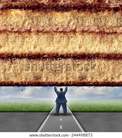 Get fit concept and losing weight fitness and health care metaphor as an overweight man lifting a wall made of cake as a symbol of overcoming dieting challenges.