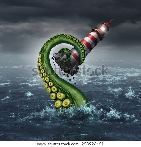 Strategy problem and guidance hazard as a light house beacon being ripped out of the ocean by a dangerous sea monster tentacle arm as a metaphor for risk and trouble planning.