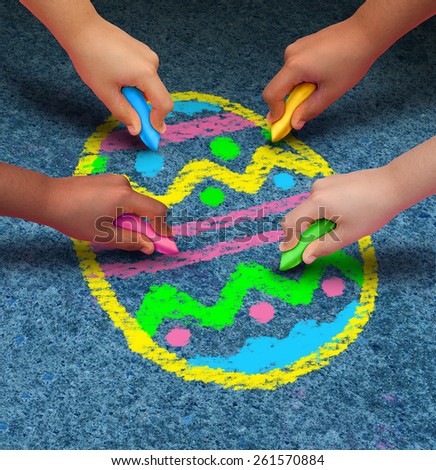 Easter arts and crafts concept as a group of children with chalk drawing a decorated egg on an asphalt texture as a symbol for cooperation and fun seasonal activities for kids.