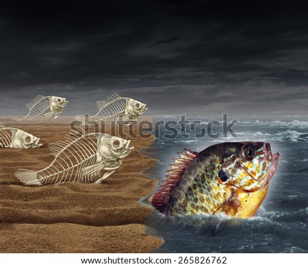 Go all the way survival success as a surreal business metaphor for thinning the herd or best of breed symbol as a group of failed dead fish skeletons to get to the ocean and one successful survivor.