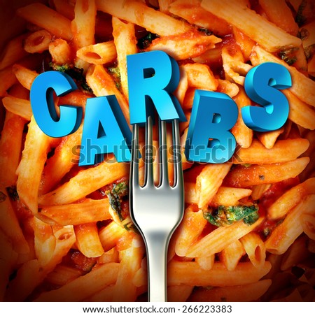 Carbohydrates  carbs concept as a nutrition symbol as a metal fork on a plate of cooked pasta with the word for complex sugar imbedded in the starch rich food as a diet and dieting lifestyle icon.