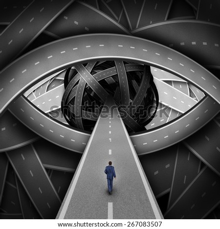 Recruitment visionary road and business recruiting concept as a businessman walking on a path into a group of streets shaped as a human eye as a metaphor for searching for new career opportunities.