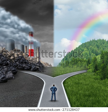Climate choice concept as a person standing at a cross road between an unhealthy scene with polluted dirty air contrasted with a green healthy horizon of plants and clean air for global ecology.