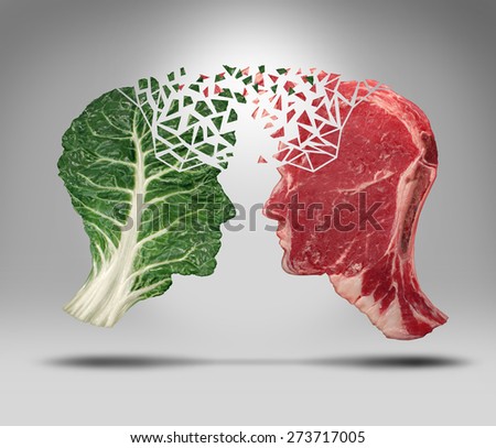 Food information and eating health balance exchange concept for choices with a human head shape green vegetable leaf and a red meat steak as nutritional fitness and lifestyle decisions or diet facts.