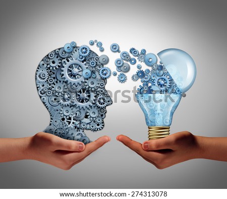 Concept of creating ideas and achievement symbol of aspiration success as two hands holding a group of connected gears as a human head and an open lightbulb as an icon of imagination and innovation.