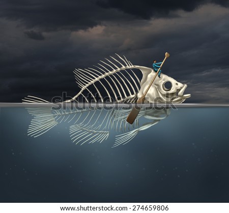 Resourcefulness recovery and ability business concept and managing a financial or environmental disaster crisis as a salvaging businessman on a fish skeleton rowing with a boat paddle.