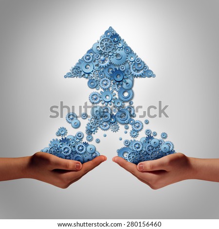 Teamwork for success business concept as two hands holding groups of gears and cogs that have come together to form an upward arrow as a symbol for financial team work to build growth partnership.