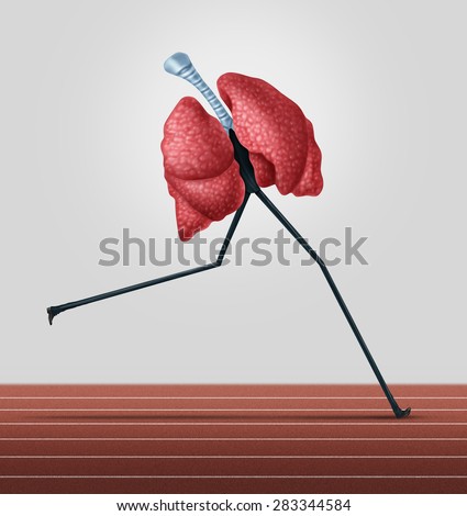 cardiovascular exercise and physical fitness concept as human lungs with legs running on a track as a healthy lifestyle symbol and cardio health metaphor for living well by jogging.