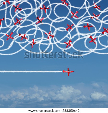 Private concept and privacy business symbol as a group of confused jet planes creating a tangled mess of smoke trails compared to a single focused airplane flying solo under the radar for success.