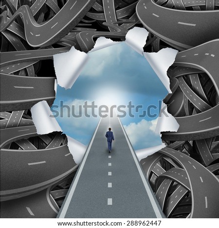 Clear way business and life success concept as a person walking through a bursted scene of confused tangled roads and highways to a calm blue sky as a metaphor for escaping the confusion or freedom.