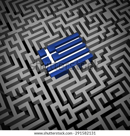 Greece crisis or Greek debt crisis and austerity management concept as the blue and white flag inside a complicated maze or labyrinth as an Athens financial metaphor for European economic issues.