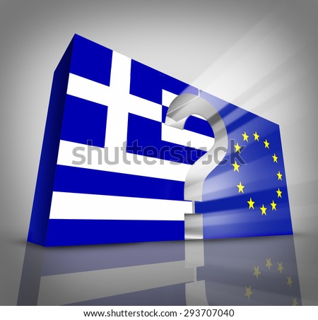 European Greece questions or Greek debt crisis and austerity management concept as a three dimensional blue and white flag and European Union symbol with a question mark in between.