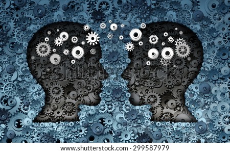 Training neuroscience development concept as a group of cog wheels and gears shaped as human heads with information transfer as a technology brain symbol or psychology exchange success.