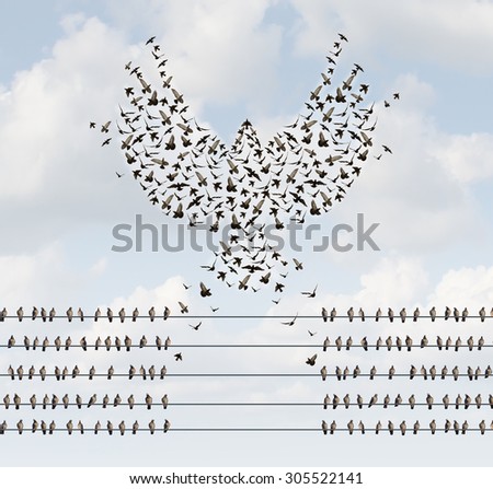 Successful organization business concept as a group of birds on a wire with a team flying away and forming a flying bird shape with open wings as a metaphor for courage to create new opportunities.