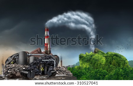 Industry pollution environment concept as a human head shaped as a dirty power plant releasing toxic waste and smoke stacks with plumes of dirty air breathed by a mountain in the shape of a face.