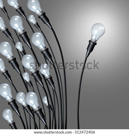 Independent idea business concept and new creative thinking and individual creativity symbol breaking away from a group as lightbulbs leaning on one side and an individual light setting a new path.