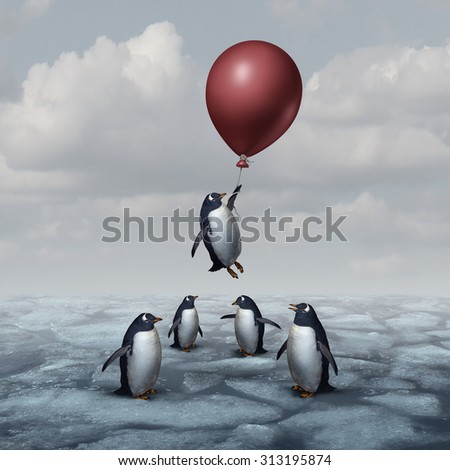 Advantage business concept and leadership innovation metaphor as a group of penguins standing on ice with one individual rising up with a balloon as a motivation and new idea symbol.