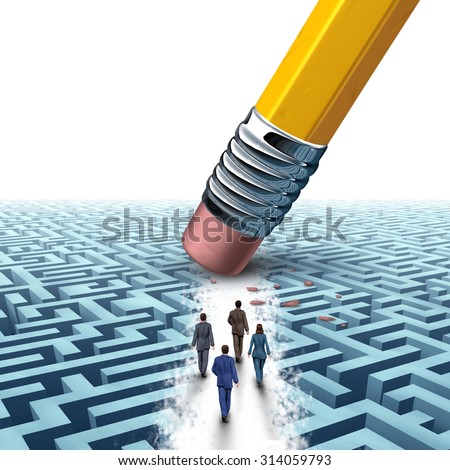 Team business management as several businesspeople walking in a clear path on a maze or labyrinth as an eraser from a pencil creating a clear path to a successful solution as a motivation metaphor.