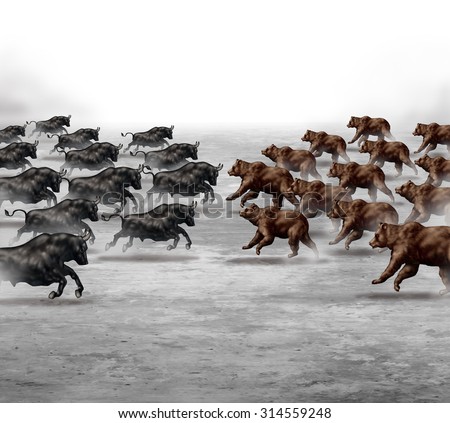 Stock market trend business concept and financial prediction uncertainty symbol as a heard of bulls and bears running towards each other to set the direction of an economic forecast.