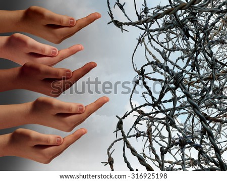 Refugee crisis concept as a group of hands from refugees in distress reaching with open hands asking for help faced with barbed wire fence keeping the suffering people out as a global social issue.