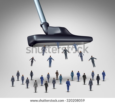 Employee management business concept as a giant vacuum cleaner sucking up career people as a corporate metaphor for human resource downsizing and recruitment,or getting clients and customers.
