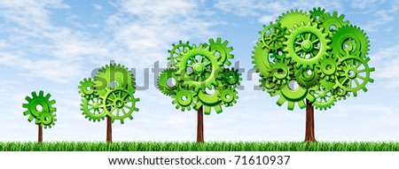 Growing economy and industry represented by small trees growing to big trees with gears as a symbol of industrial activity